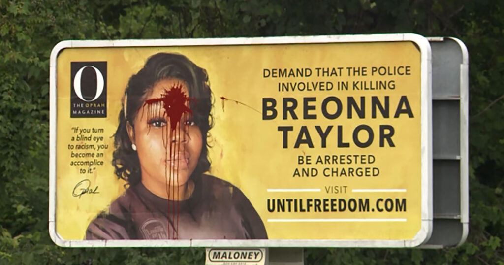 SICK SAD WORLD: Oprah Winfrey’s Breonna Taylor Billboard in Louisville Vandalized With Red Paint Splattered Across Her Forehead